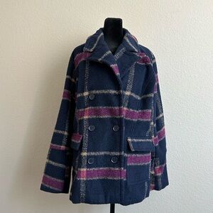 Maxwell Studio Women's  Classic Plaid Double-Breasted Peacoat. Blue And Pink.  L